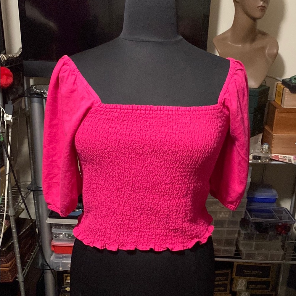 Pink Smocked Puff Sleeve Crop Top XL